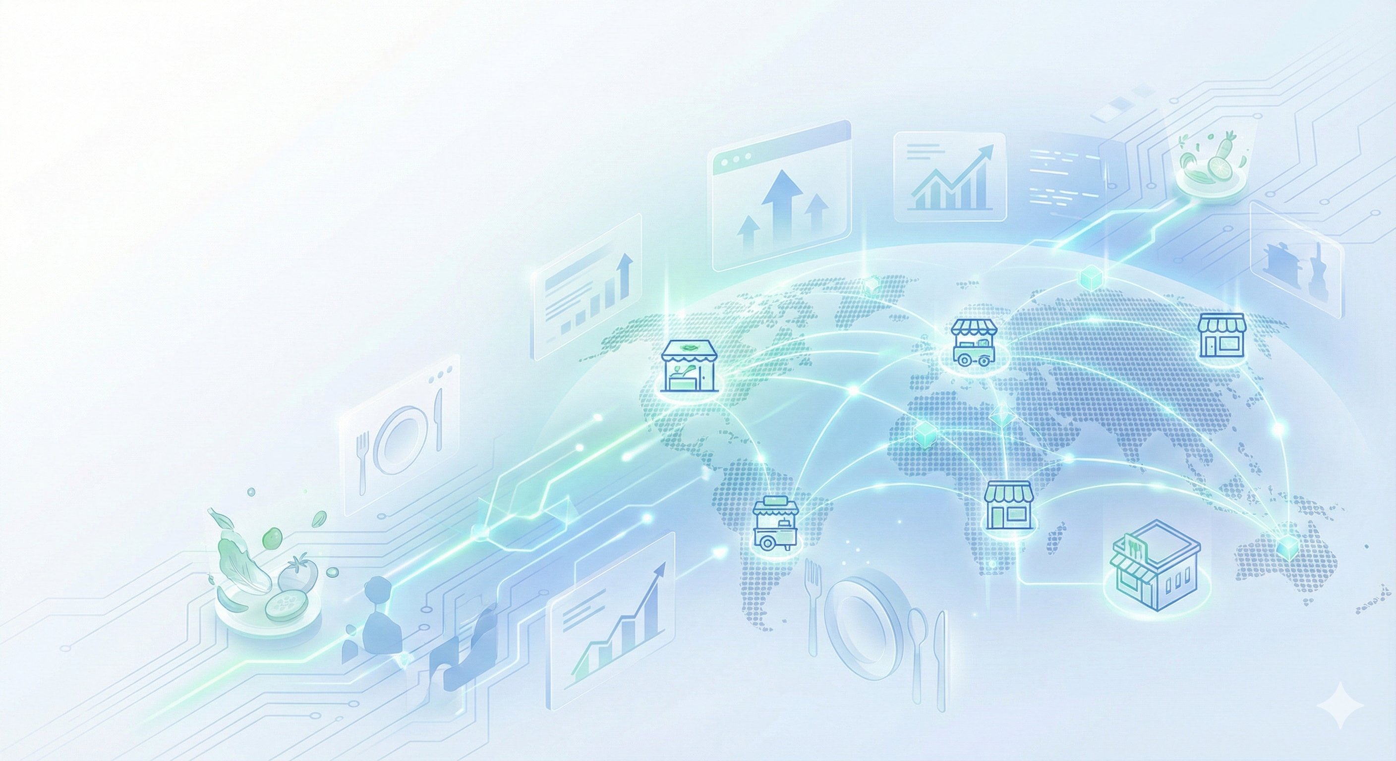 abstract modern 3d illustration of connected nodes and digital network in blue and white tones, minimal saas style
